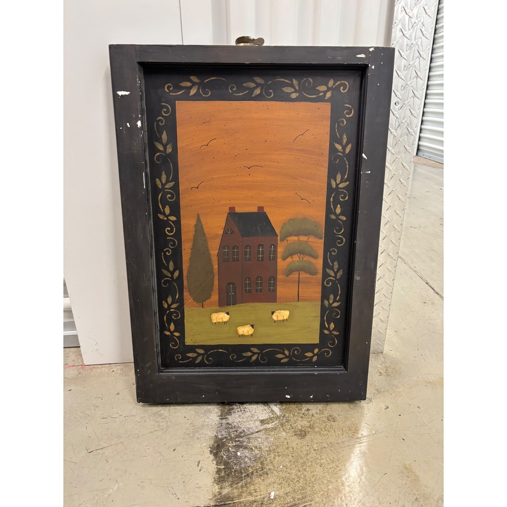 Primitive Folk Art Hand Painted Sheep House Scene Vintage Window Frame 28x19